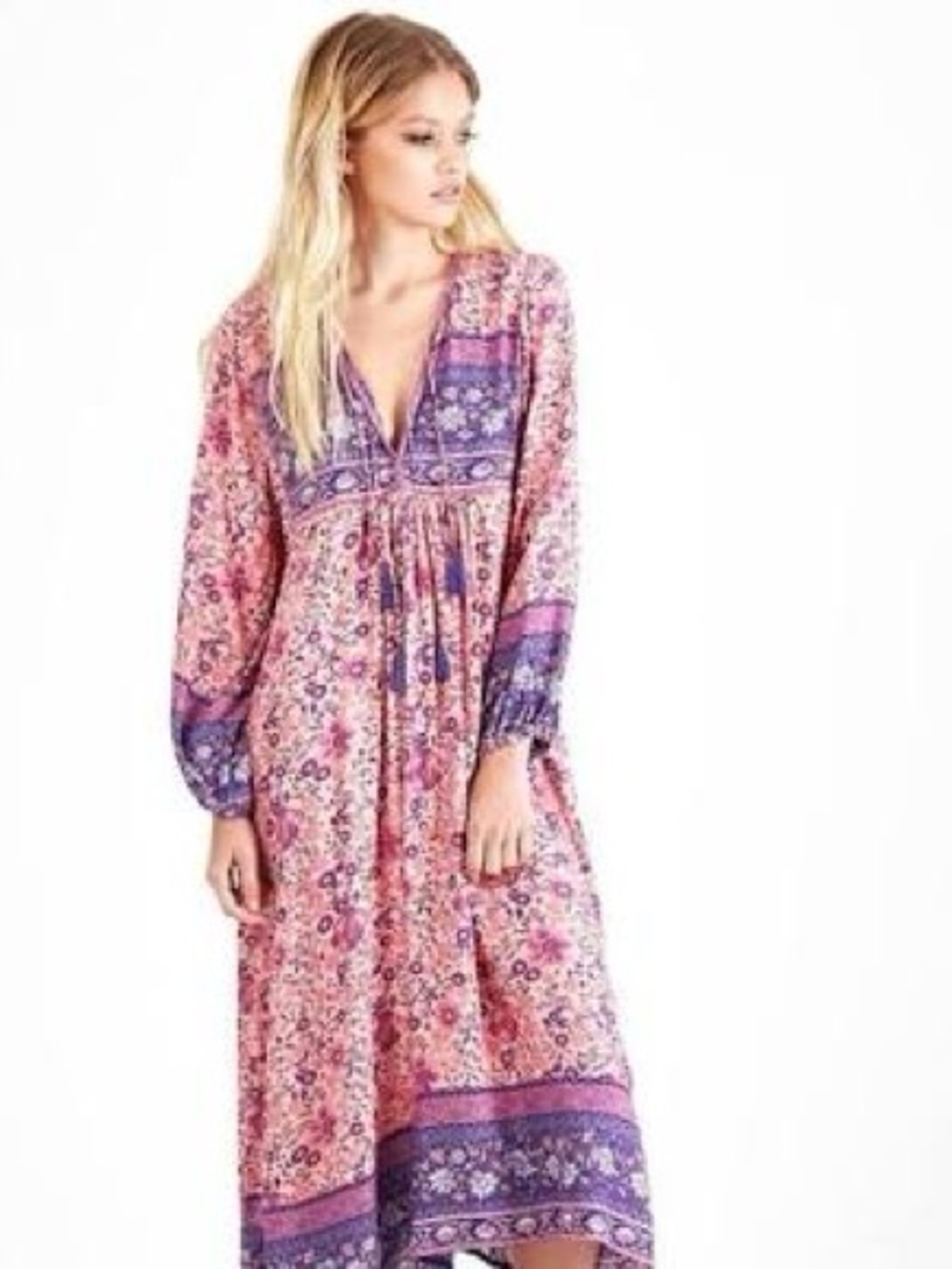 Bohemian Pink and Purple Floral Long Sleeve Maxi Dress